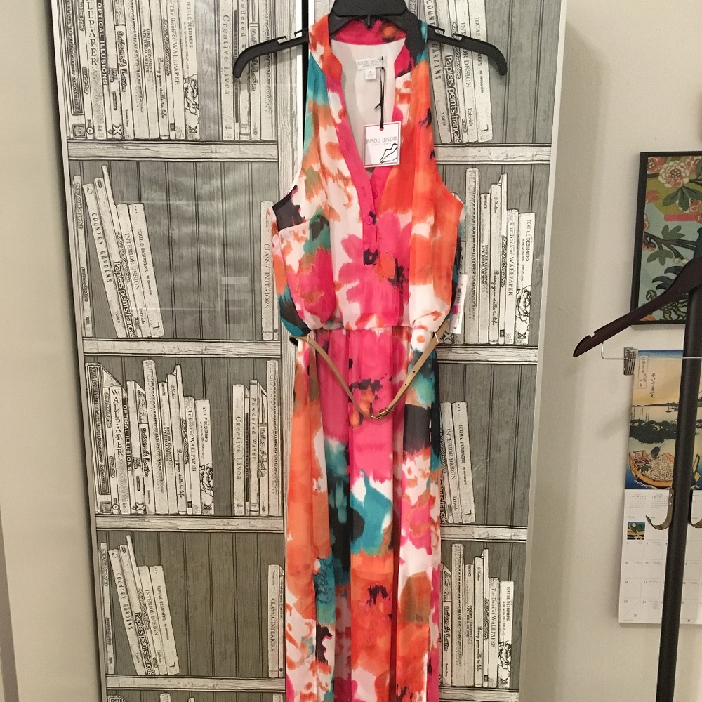 Watercolor Floral Chiffon Halter Belted Maxi Dress